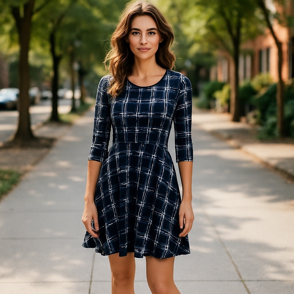 Gilli Navy Blue Fit Flare Dress Women Size Small Casual Windowpane 3/4 Sleeve